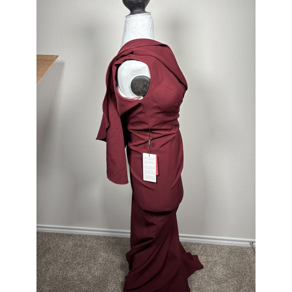 JJ's House NWT Mermaid Burgundy Long Prom Zip Asymmetric Sleeve Dress Size 4 - Picture 3 of 9